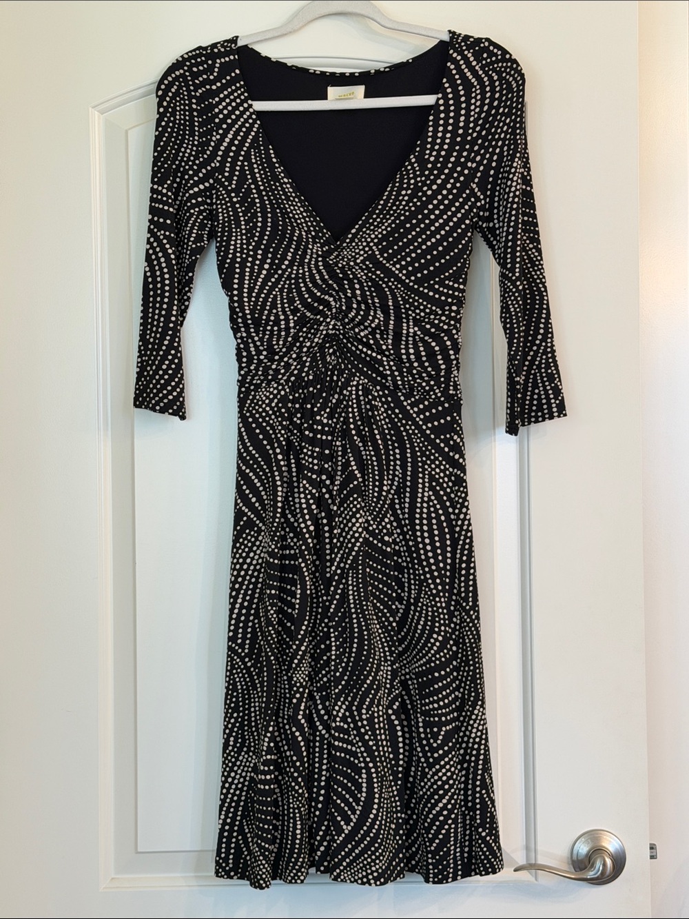 Maeve Black Dress Cream Dot Swirl Pattern, size XS, stretch knit, waist ruching